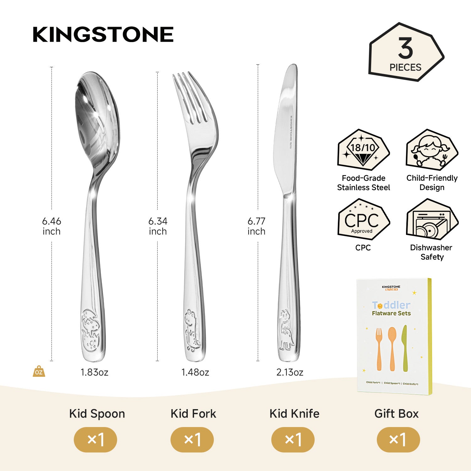 KINGSTONE Toddler Utensils Set with Case, 18/10 Stainless Steel Kids Silverware, Food-Grade Baby Spoons Self Feeding, Children Safe Forks and Spoons, Mirror Polished, Dishwasher Safe