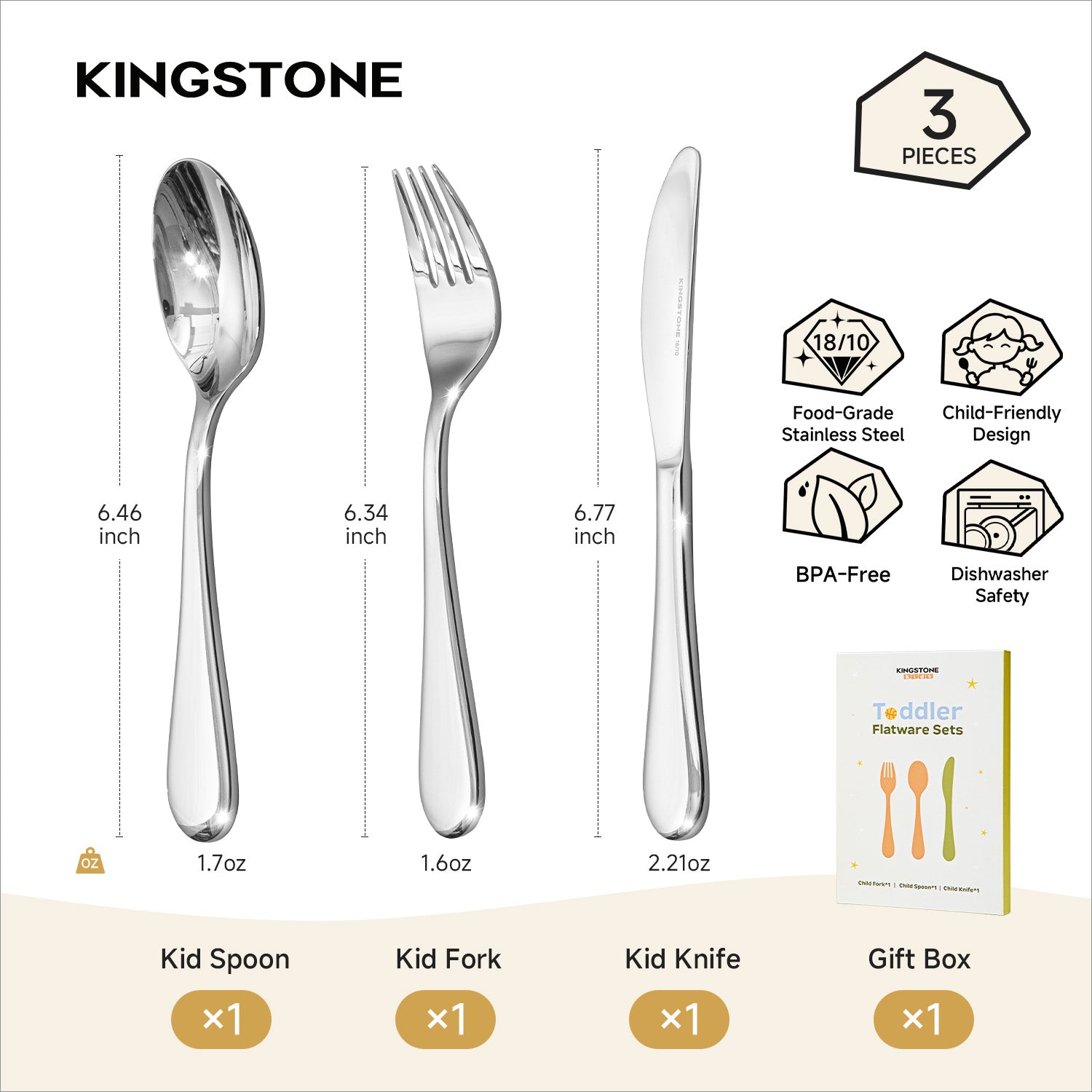 KINGSTONE Toddler Utensils Set, Forks and Spoons, 18/10 Stainless Steel Kids Silverware for Self-Feeding Training, Food-Grade Flatware Set for Traveling, Dishwasher Safe