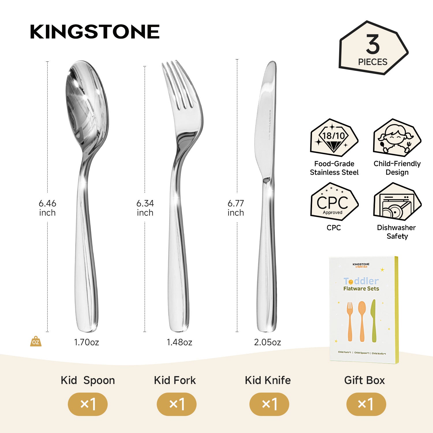KINGSTONE Toddler Utensils Set with Case, 18/10 Stainless Steel Kids Silverware - Children Safe Small Fork & Spoon, Food-Grade Toddler Dishes, Mirror Polished, Dishwasher Safe
