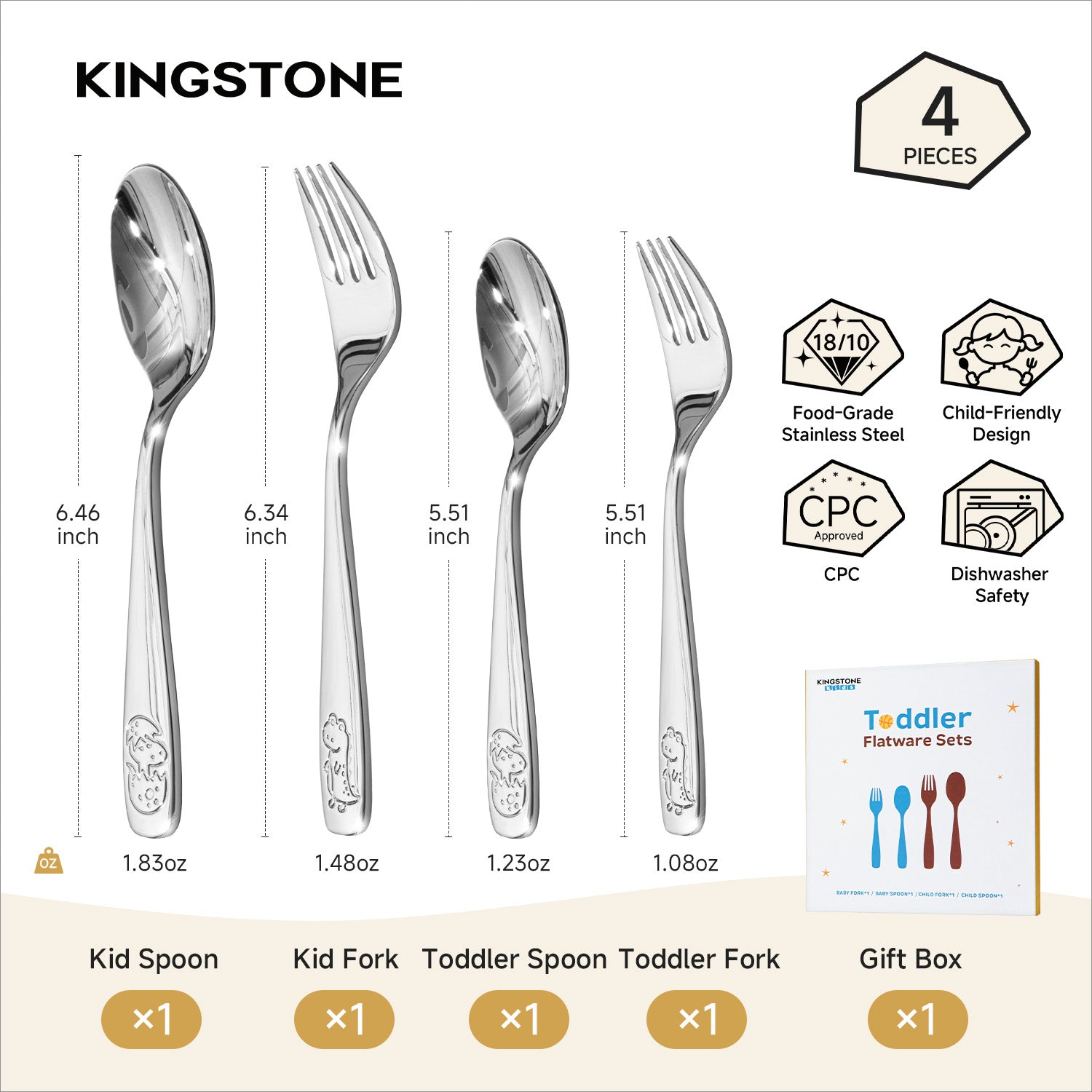 KINGSTONE Toddler Utensils Set with Case, 18/10 Stainless Steel Kids Silverware, Food-Grade Baby Spoons Self Feeding, Children Safe Forks and Spoons, Mirror Polished, Dishwasher Safe