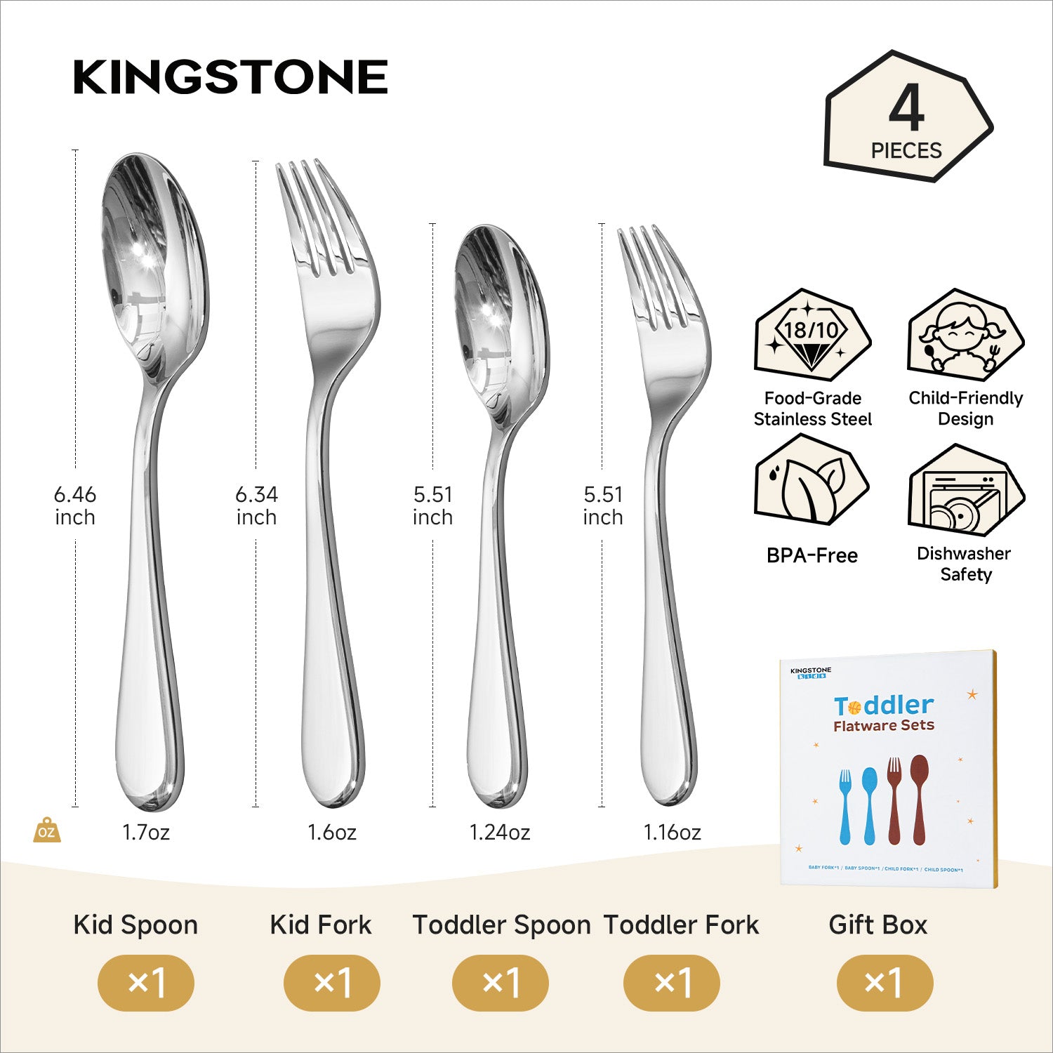 KINGSTONE Toddler Utensils Set, Forks and Spoons, 18/10 Stainless Steel Kids Silverware for Self-Feeding Training, Food-Grade Flatware Set for Traveling, Dishwasher Safe