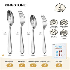 KINGSTONE Toddler Utensils Set, Forks and Spoons, 18/10 Stainless Steel Kids Silverware for Self-Feeding Training, Food-Grade Flatware Set for Traveling, Dishwasher Safe