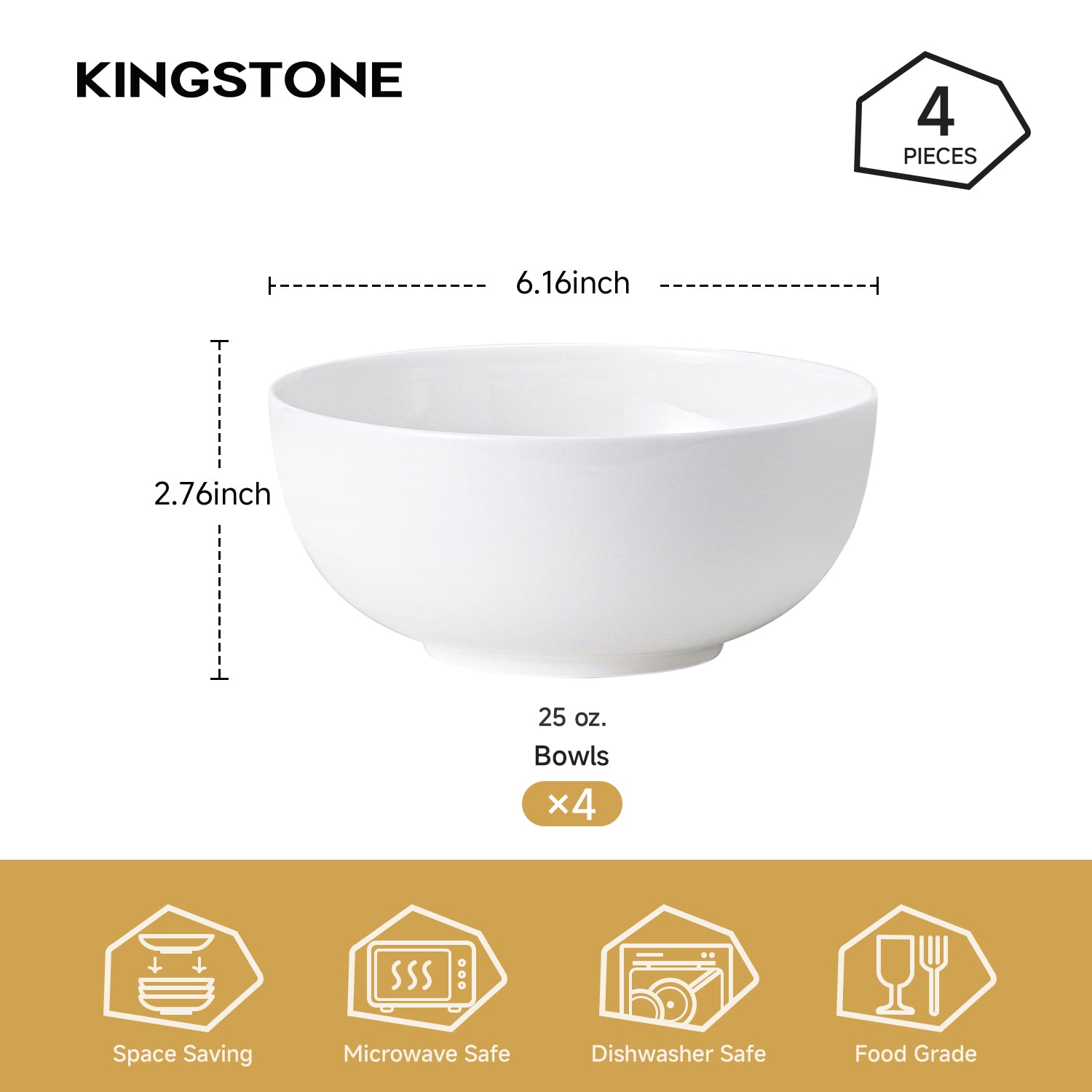 KINGSTONE Bone China Soup/Cereal Bowls, 25 oz Pure White, for Salad Dessert Pasta Cereal Soup Rice Oatmeal, Microwave & Dishwasher Safe