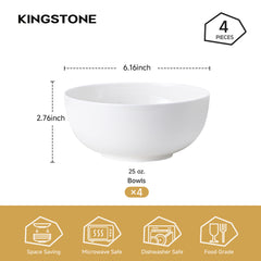 KINGSTONE Bone China Soup/Cereal Bowls, 25 oz Pure White, for Salad Dessert Pasta Cereal Soup Rice Oatmeal, Microwave & Dishwasher Safe