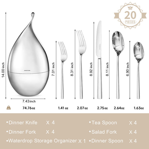 20 Piece Classic Silverware Set with Droplet Storage Organizer - WK7711-21P-WD