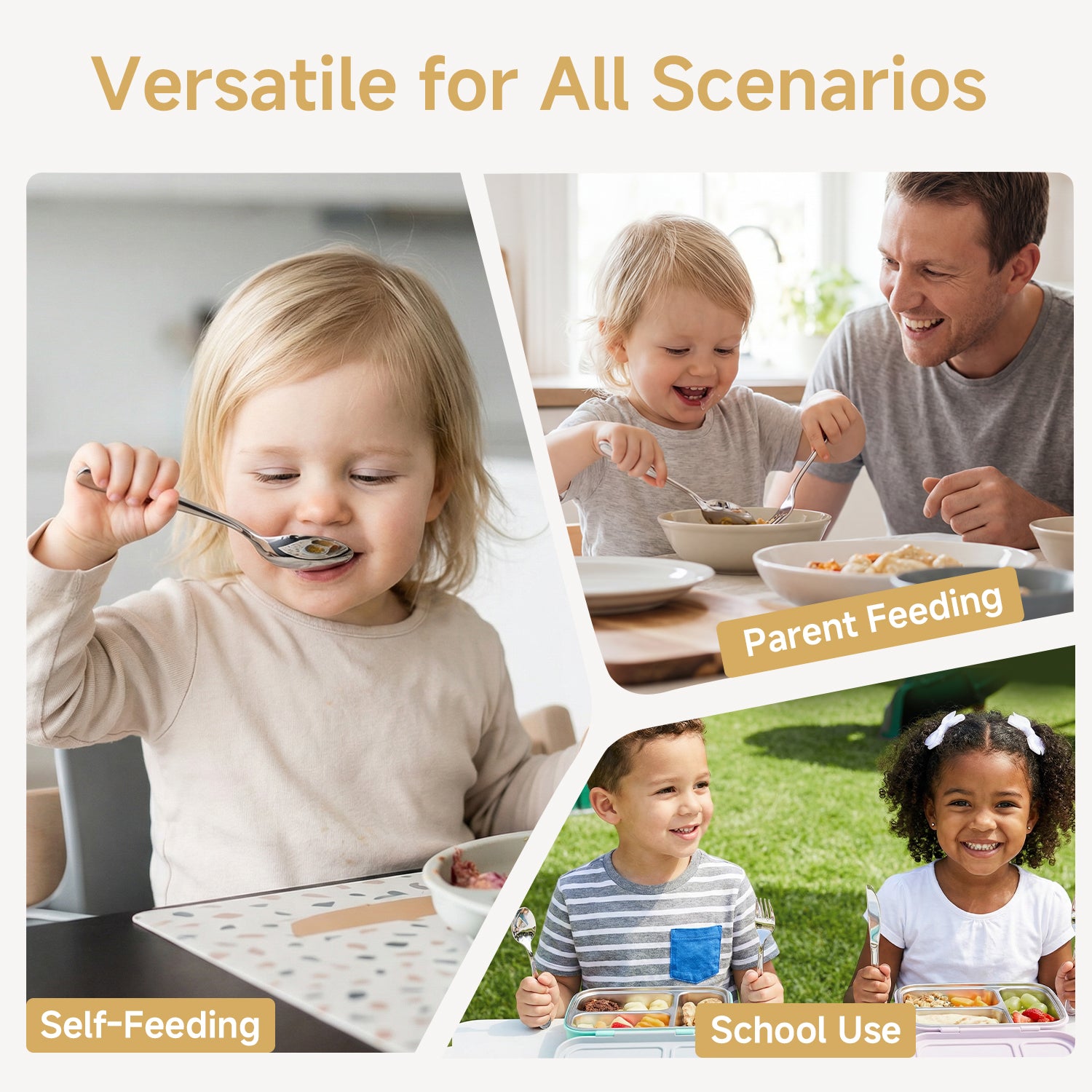 KINGSTONE Toddler Utensils Set, 18/10 Stainless Steel Kids Silverware Set with Curved Handle, All-Metal Baby Fork and Spoon, Safe Children's Flatware, Dishwasher Safe, Mirror Polished (2-Piece)