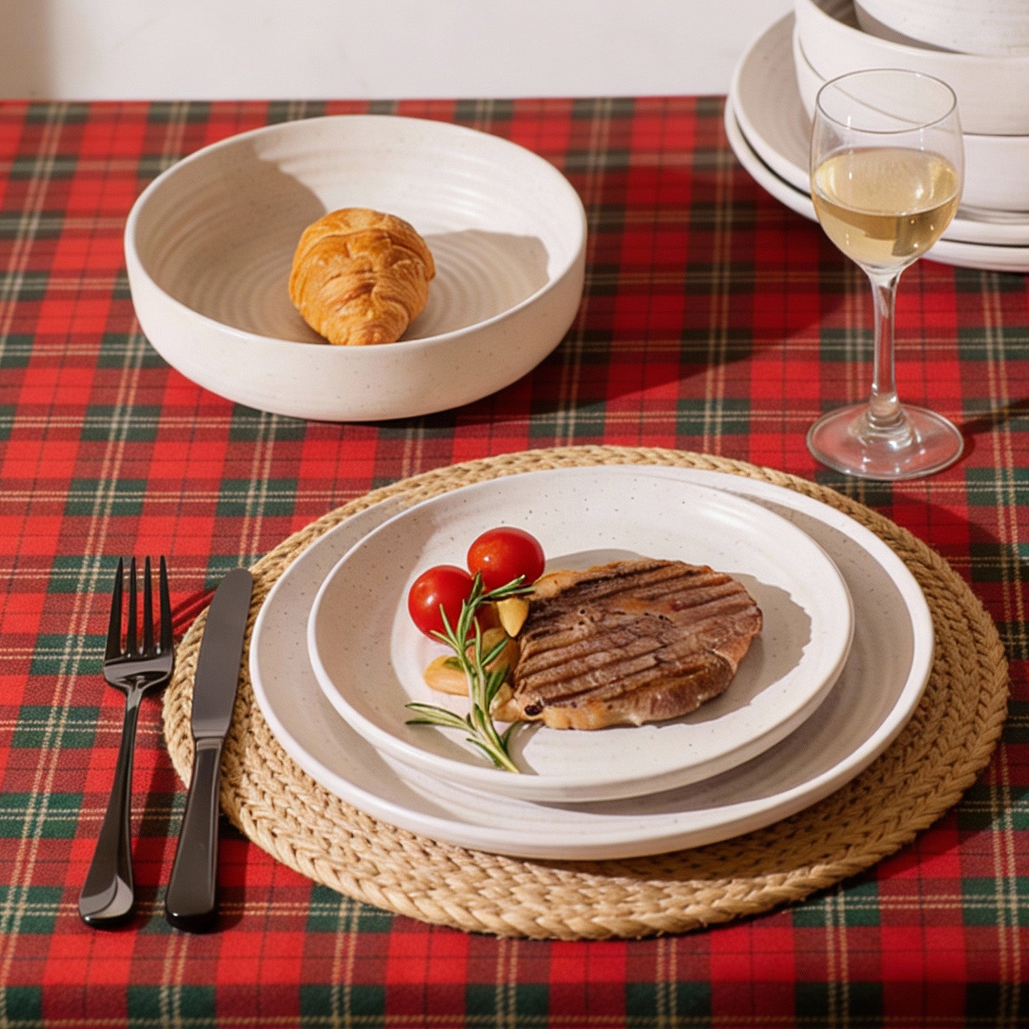 KINGSTONE 16-Piece Stoneware Plates and Bowls Sets for 4, Dinnerware Set for New Apartment Essentials, Microwave & Dishwasher Safe, Speckled White