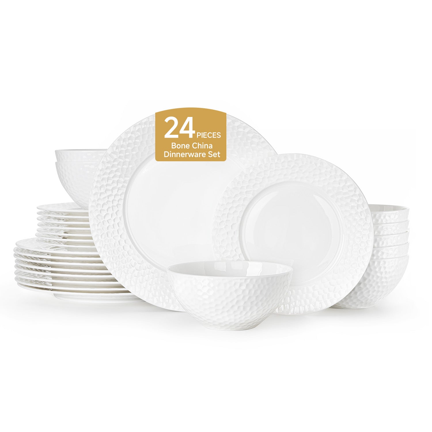 KINGSTONE Bone China Dinnerware Set, White Porcelain Tableware, Hammered Rim Plates and Bowls, Microwave and Dishwasher Safe, Elegant Dish Set for Wedding, Family & Restaurant
