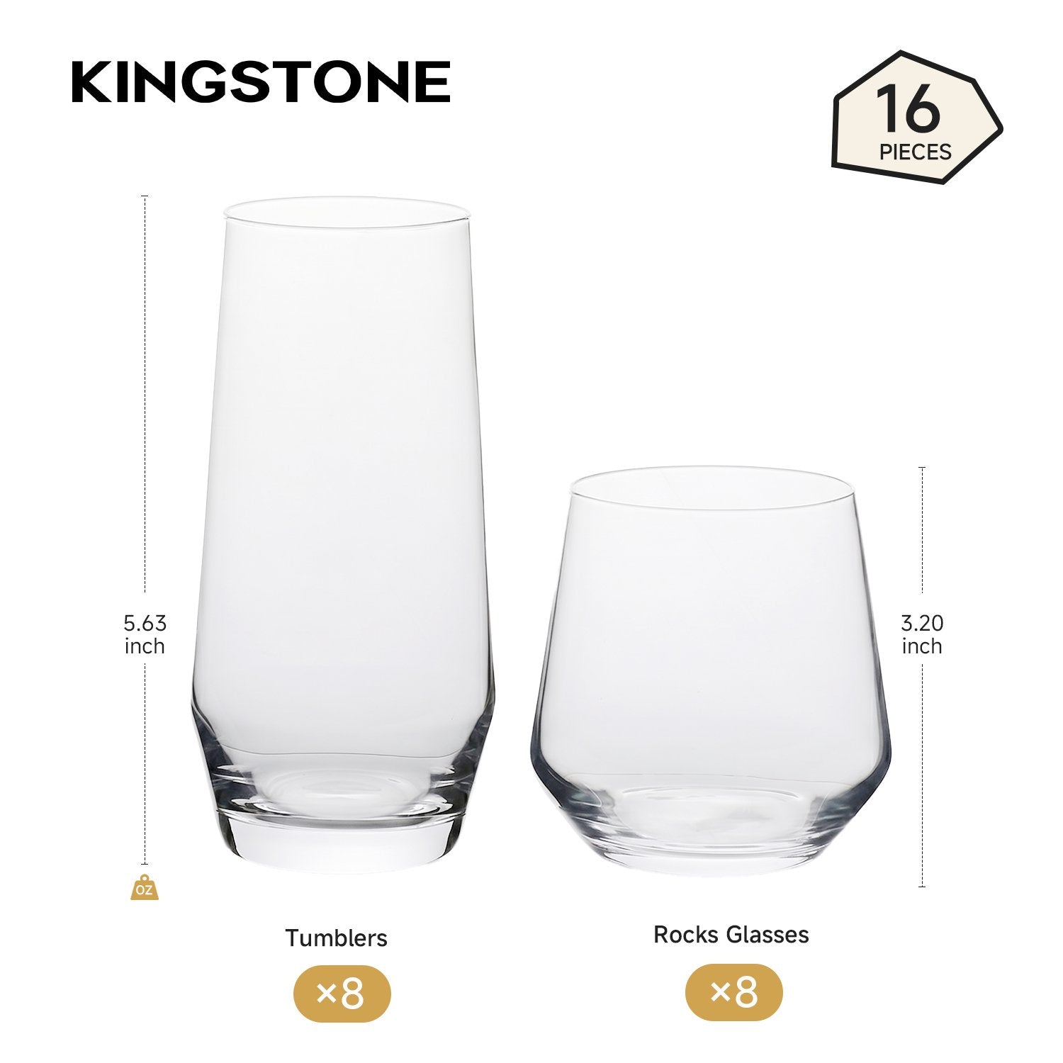 KINGSTONE Tumbler and Rocks Glasses Set of 16, Everyday Drinking Glasses Set, Dishwasher Safe Glassware