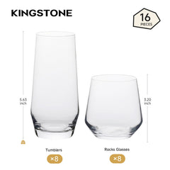 KINGSTONE Tumbler and Rocks Glasses Set of 16, Everyday Drinking Glasses Set, Dishwasher Safe Glassware