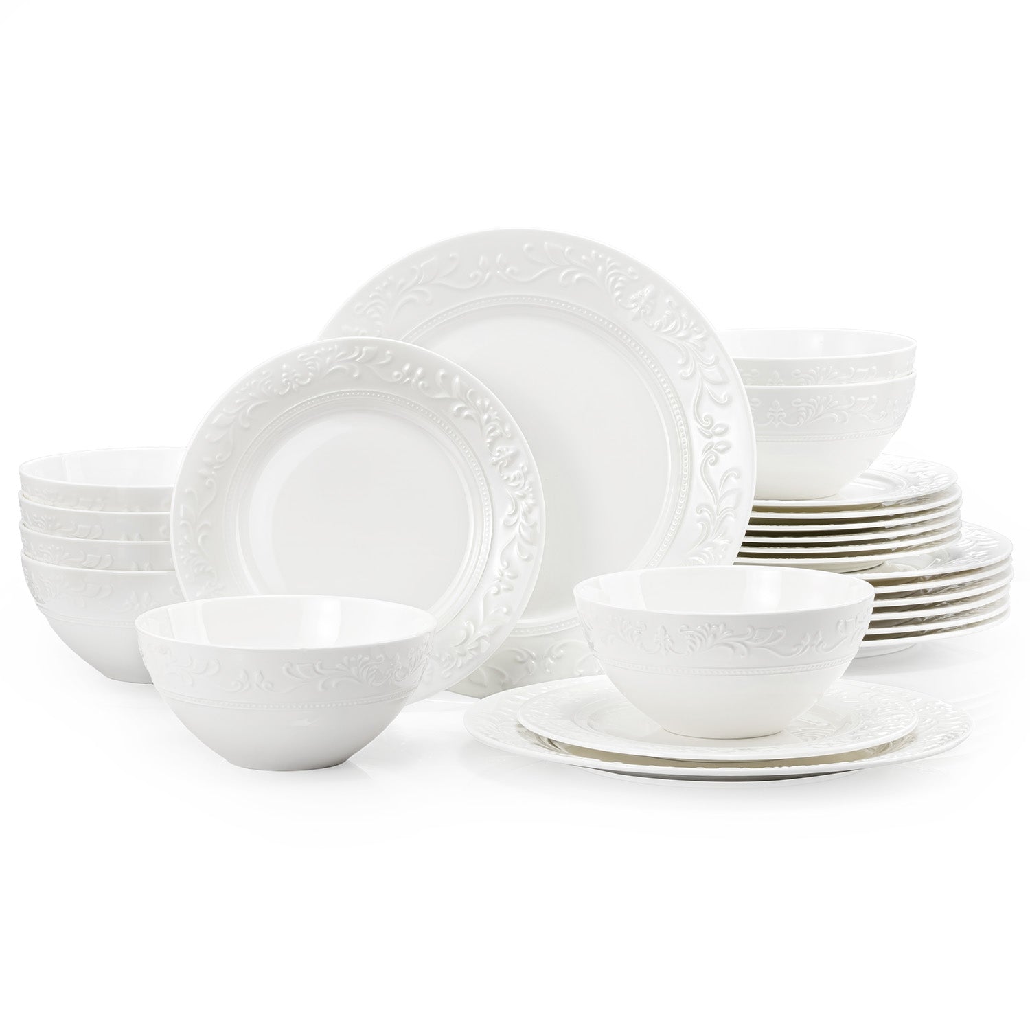 KINGSTONE Bone China Dinnerware Set, 12-Piece Dishes Set for 4, Vintage Relief Ceramic Plates & Bowls, Lightweight Translucent Dishware for Home Dining, Festival Banquet, Party & Gift