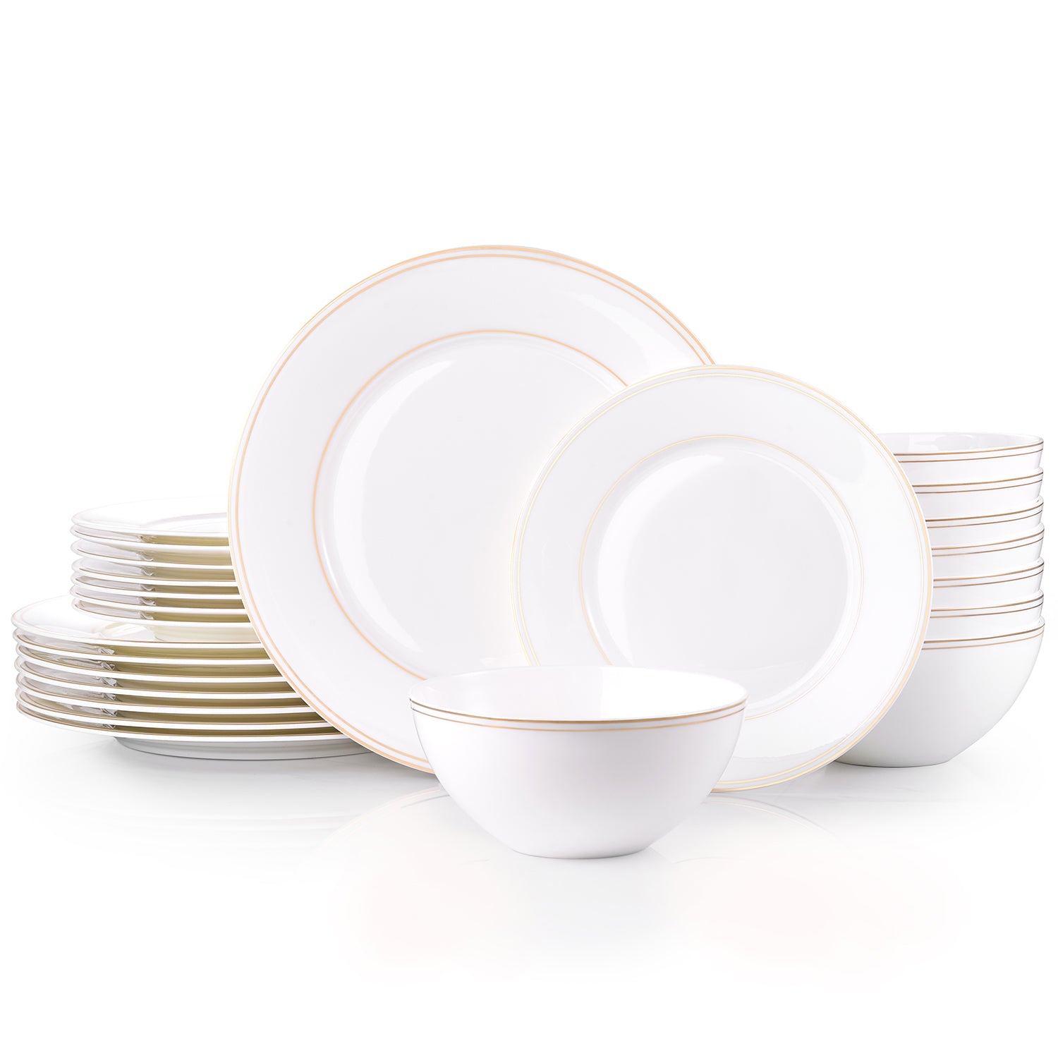 KINGSTONE Bone China Dinnerware Set, Elegant Gold Trim Ceramic Plates & Bowls, Lightweight Translucent Dish Set for Home Dining, Party & Gift