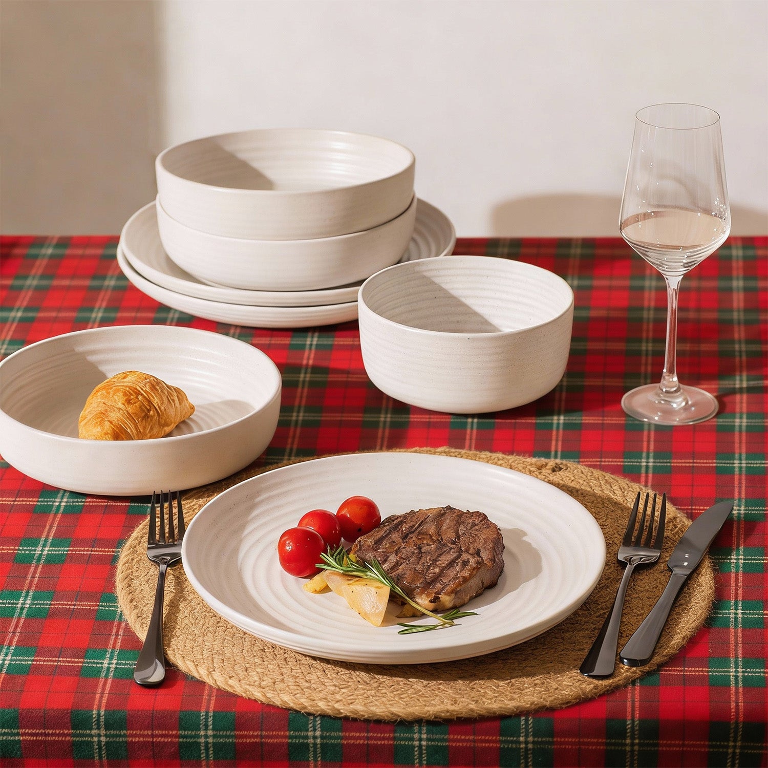 KINGSTONE 16-Piece Stoneware Plates and Bowls Sets for 4, Dinnerware Set for New Apartment Essentials, Microwave & Dishwasher Safe, Speckled White
