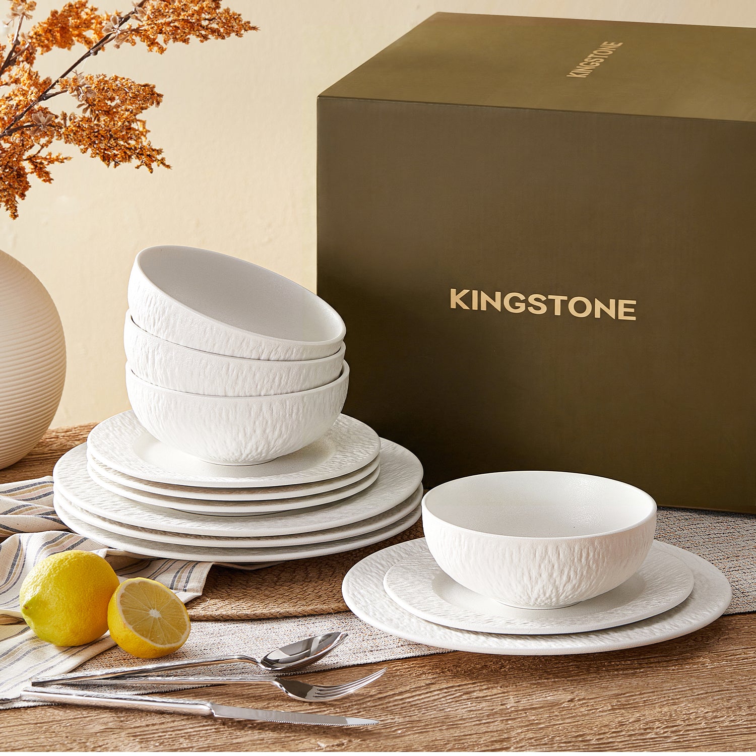 KINGSTONE Stoneware Dinnerware Sets, Matte Marble Pattern Premium Porcelain dishes set, Plates and Bowls Sets, Place Setting with Dinner Plate, Salad Plate, Pasta Bowl