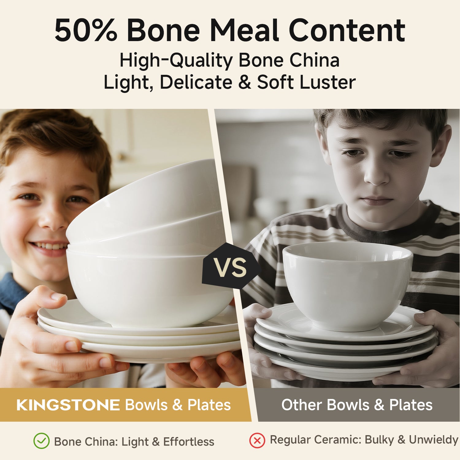 KINGSTONE Bone China Dinnerware Set, Elegant Gold Trim Ceramic Plates & Bowls, Lightweight Translucent Dish Set for Home Dining, Party & Gift