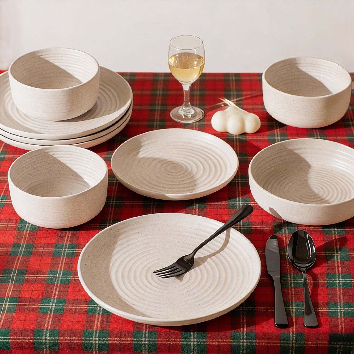 KINGSTONE 16-Piece Stoneware Plates and Bowls Sets for 4, Dinnerware Set for New Apartment Essentials, Microwave & Dishwasher Safe, Speckled White