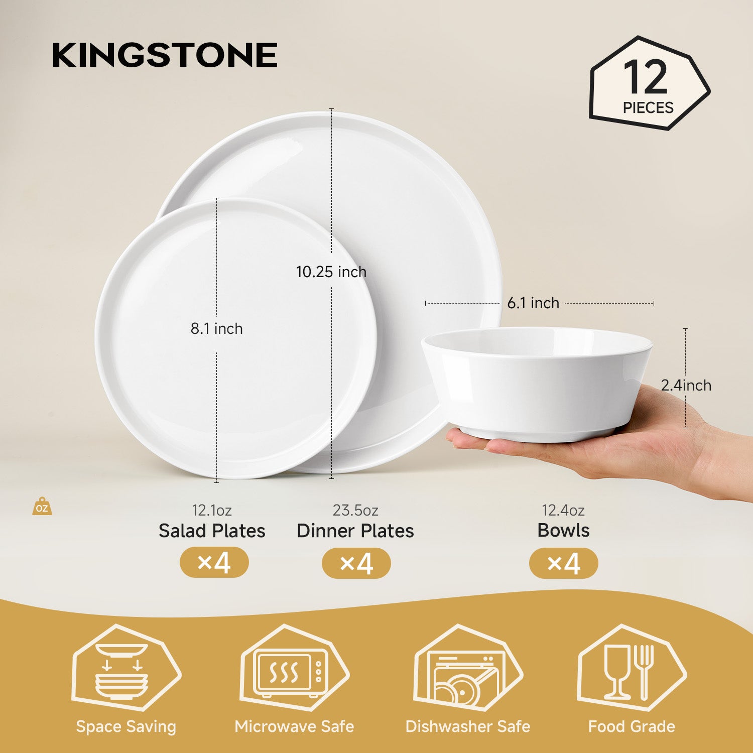KINGSTONE Bone China Dinnerware Sets for 4, 12-Piece Lightweight Porcelain plates and bowls sets, Scratch Resistant Dish Set, Kitchen Dinner Set, for Home, Party, Gift, Microwave & Dishwasher Safe