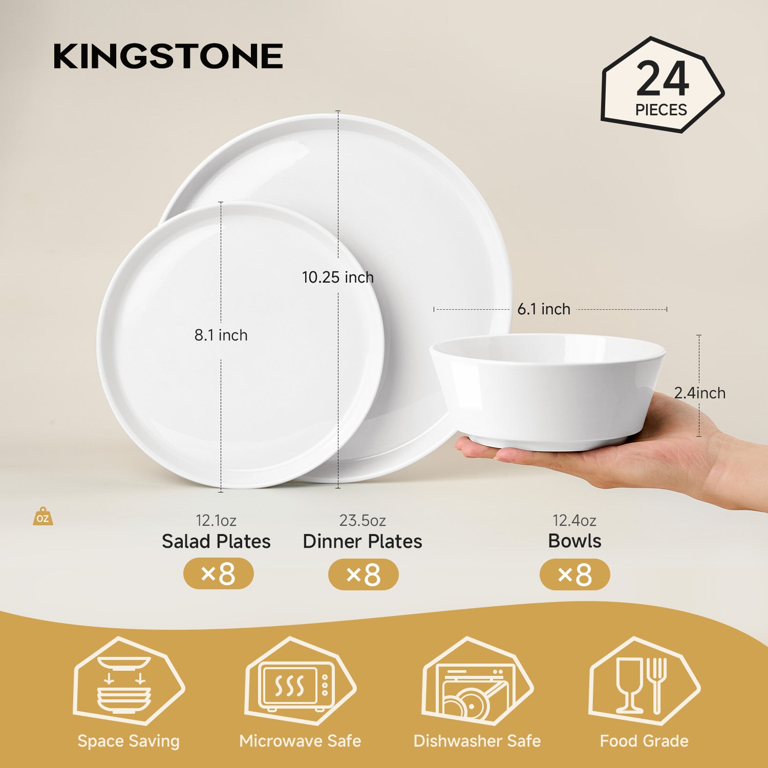 KINGSTONE Bone China Dinnerware Sets for 4, 12-Piece Lightweight Porcelain plates and bowls sets, Scratch Resistant Dish Set, Kitchen Dinner Set, for Home, Party, Gift, Microwave & Dishwasher Safe