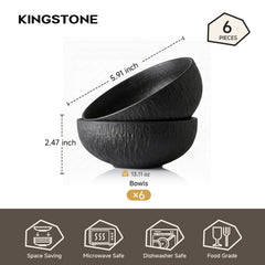 KINGSTONE Black Bowls Set, 20.4 OZ Matte Marble Pattern Premium Porcelain Soup Bowls, Ceramic Cereal Bowl Set for Salad, Dessert, Pasta, Microwave and Dishwasher Safe