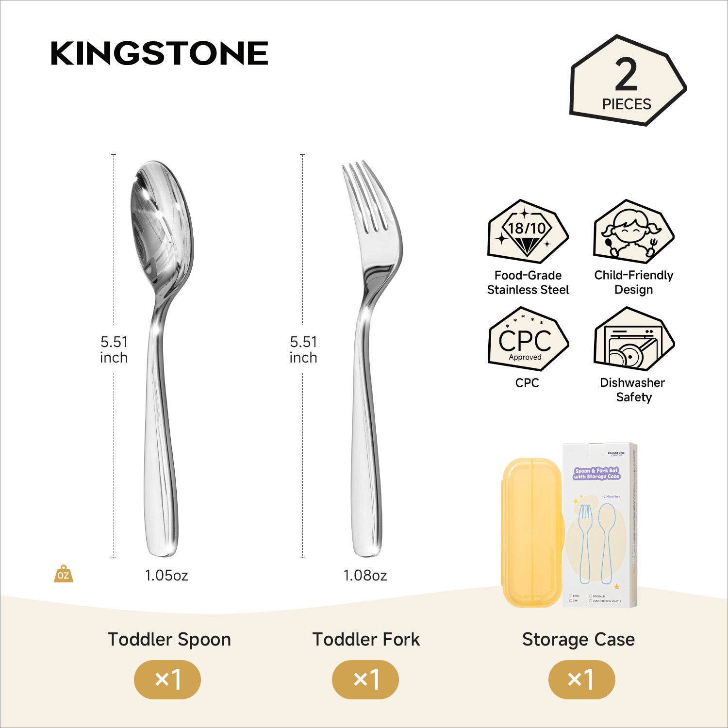 KINGSTONE Toddler Utensils Set with Case, 18/10 Stainless Steel Kids Silverware - Children Safe Small Fork & Spoon, Food-Grade Toddler Dishes, Mirror Polished, Dishwasher Safe