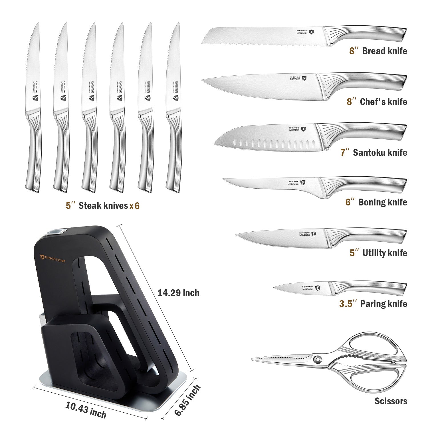 KINGSTONE 14 Pcs Kitchen Knife Set with Block, German Stainless Steel Knife Set with Built-in Sharpener, Dishwasher Safe Knife Block Set (14pcs)