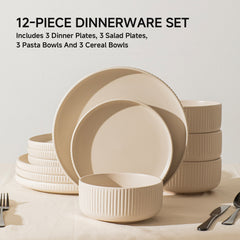 KINGSTONE 12-Piece Ceramic Dinnerware Set for 4, Beige Ribbed Plates and Bowls Sets, Microwave & Dishwasher Safe