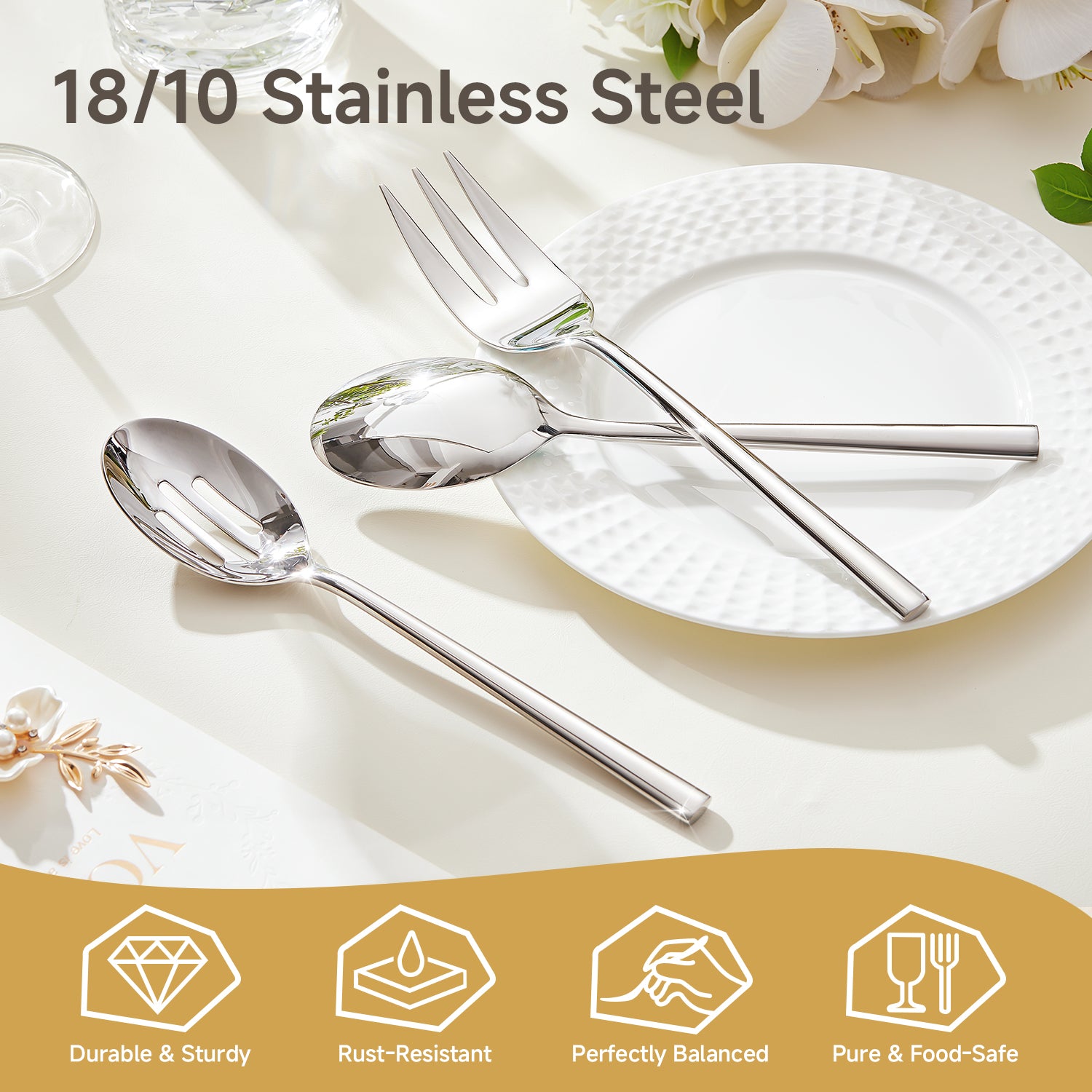 KINGSTONE Silverware Set with Serving Pieces, 18/10 Stainless Steel Flatware Service for 8, Mirror Polished Cutlery, Dishwasher Safe