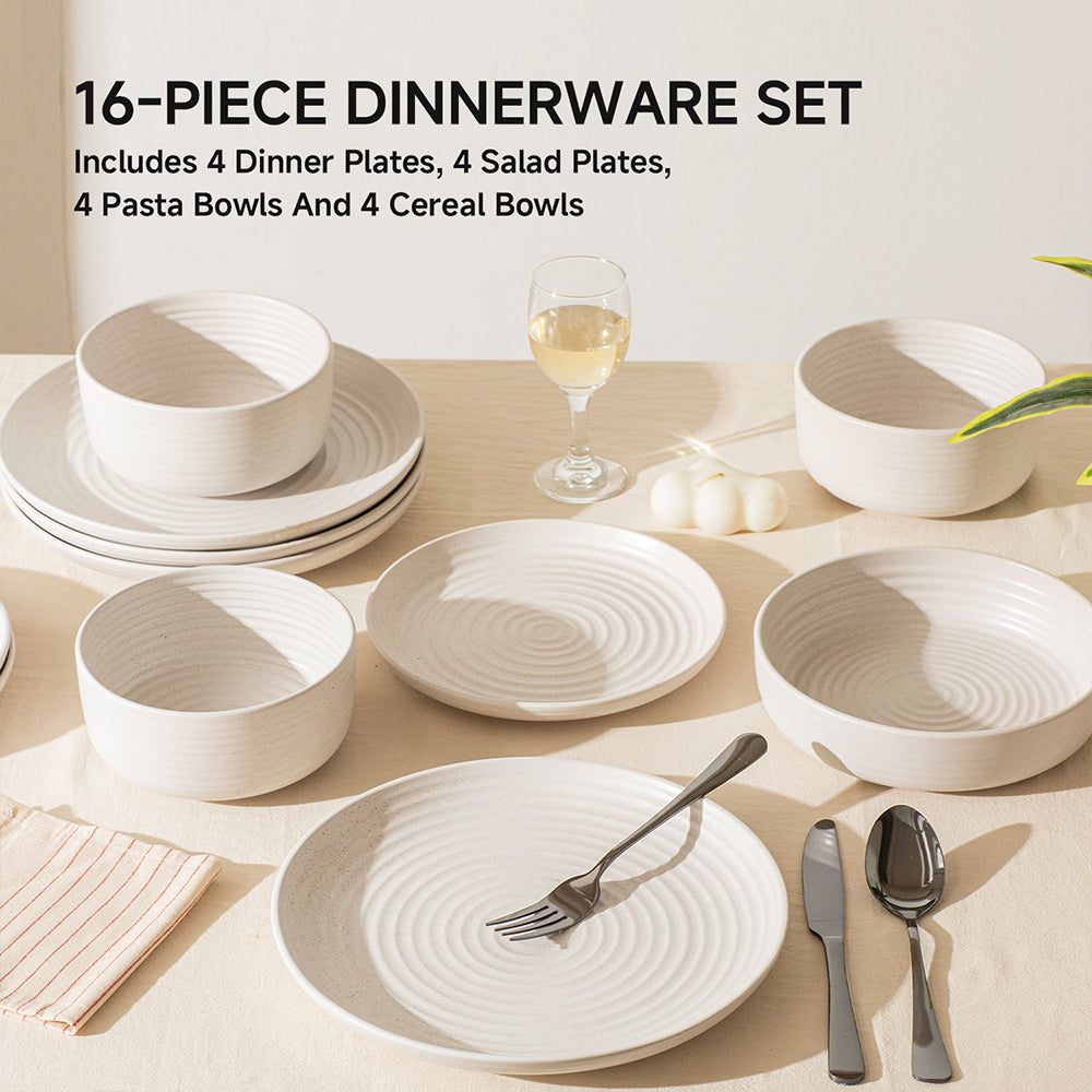 KINGSTONE 16-Piece Stoneware Plates and Bowls Sets for 4, Dinnerware Set for New Apartment Essentials, Microwave & Dishwasher Safe, Speckled White