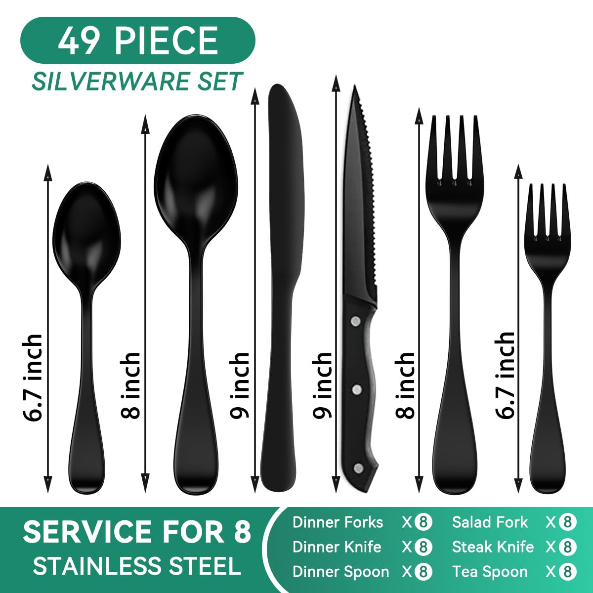 KINGSTONE 49-Piece Black Silverware Set for 8, 304 Stainless Steel Flatware with Organizer and Steak Knives, Dishwasher Safe