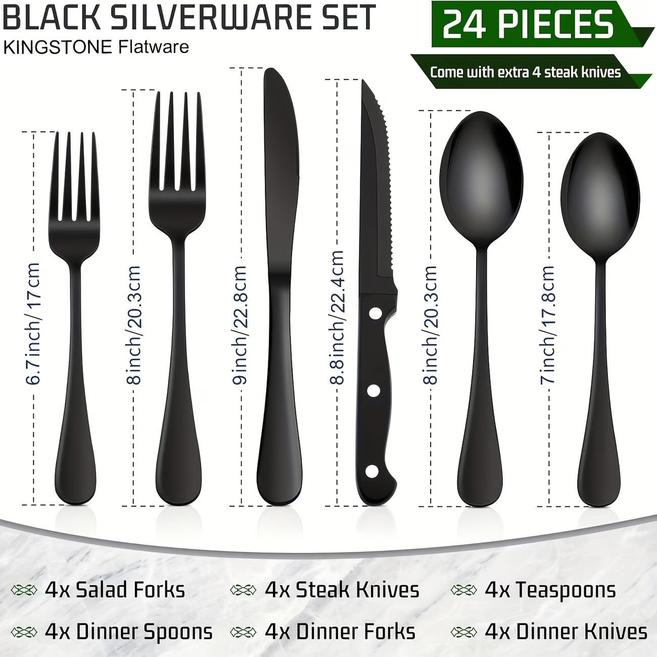 KINGSTONE 24-Piece Silverware Set for 4, 304 Stainless Steel Flatware with Steak Knives