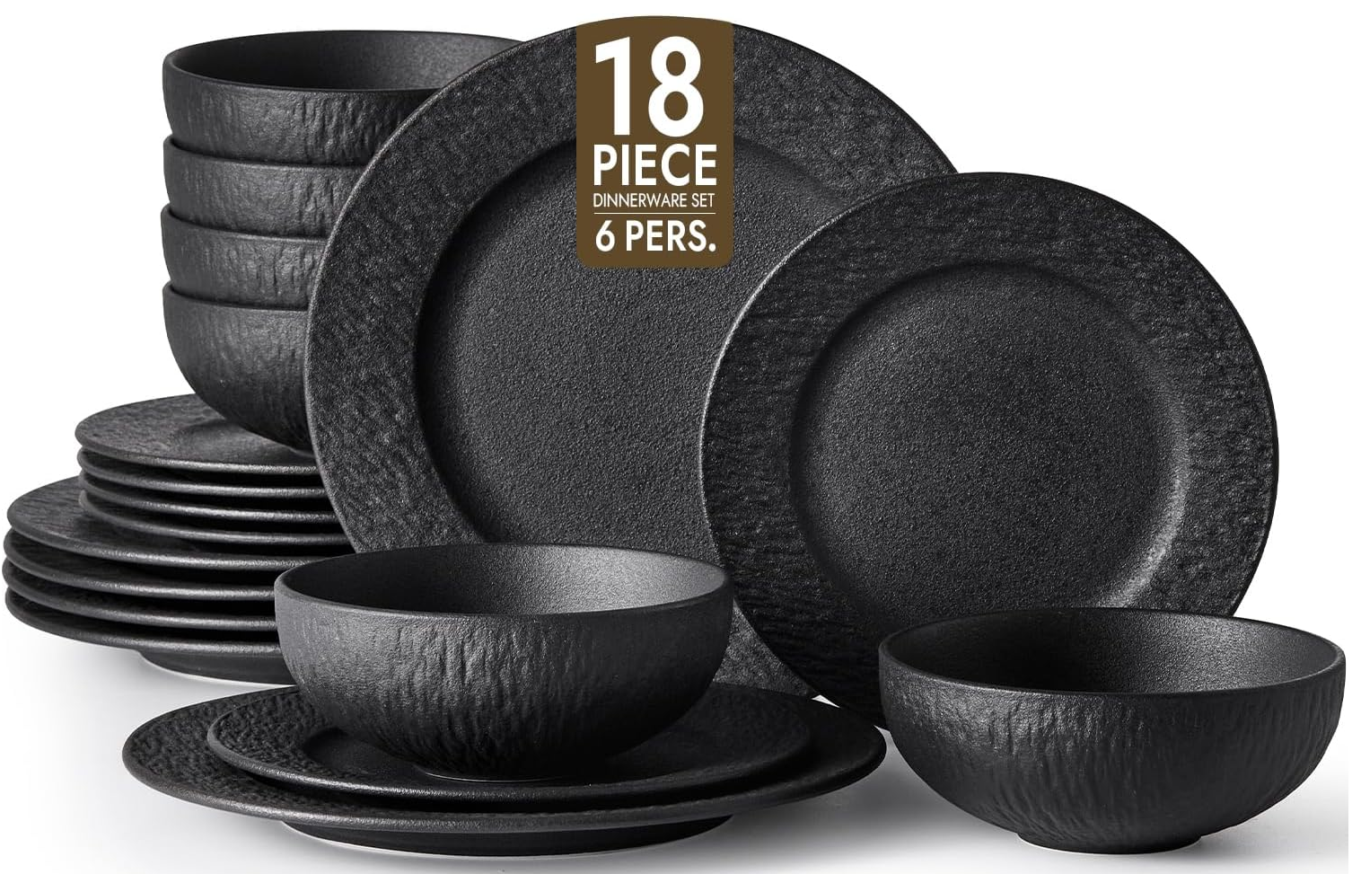 KINGSTONE Black Dinnerware Sets, 12-Piece Matte Marble Pattern Premium Porcelain, Place Setting with Dinner Plate, Salad Plate, Pasta Bowl, Microwave and Dishwasher Safe