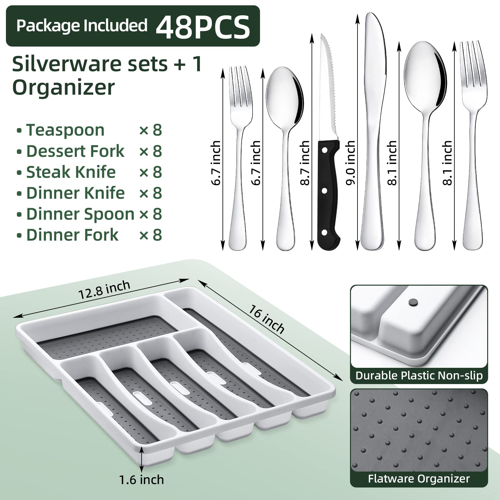 KINGSTONE 49-Piece Black Silverware Set for 8, 304 Stainless Steel Flatware with Organizer and Steak Knives, Dishwasher Safe