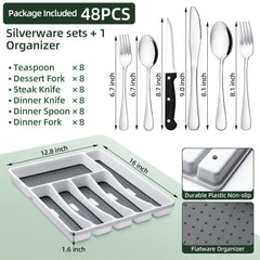 KINGSTONE 49-Piece Black Silverware Set for 8, 304 Stainless Steel Flatware with Organizer and Steak Knives, Dishwasher Safe