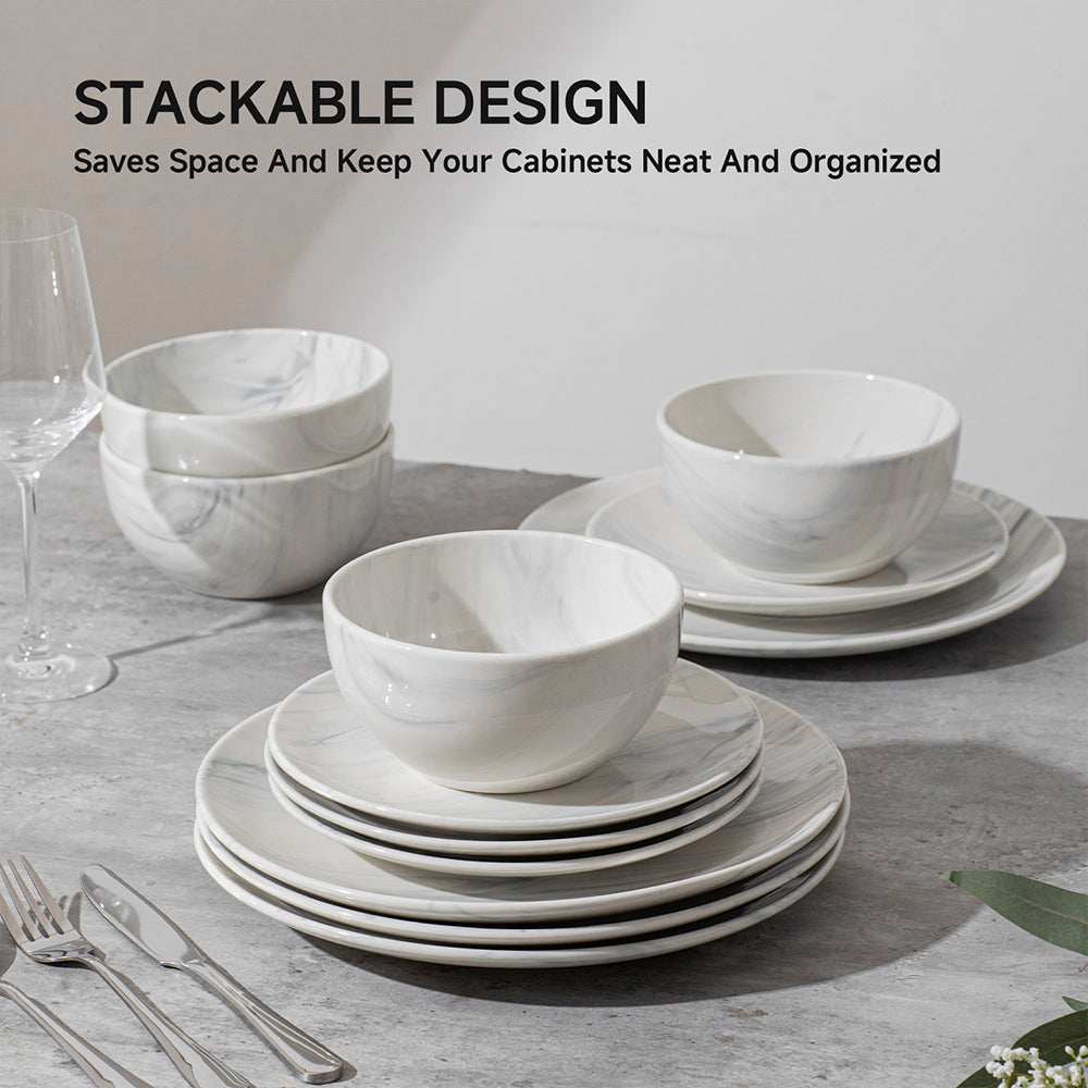 KINGSTONE 12-Piece Stoneware Dinnerware Set for 4, Scratch-Resistant Ceramic Plates and Bowls Dishes for Home, Kitchen, Microwave & Dishwasher Safe, Marble White