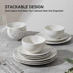 KINGSTONE 12-Piece Stoneware Dinnerware Set for 4, Scratch-Resistant Ceramic Plates and Bowls Dishes for Home, Kitchen, Microwave & Dishwasher Safe, Marble White