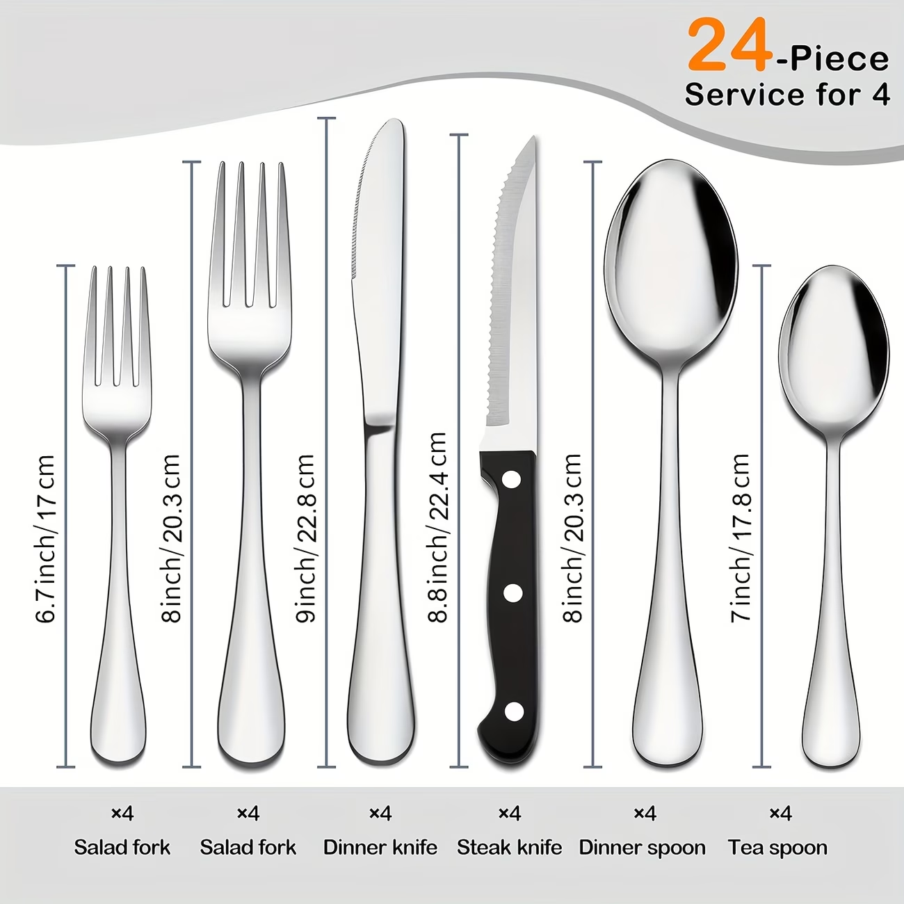 KINGSTONE 24-Piece Silverware Set for 4, 304 Stainless Steel Flatware with Steak Knives