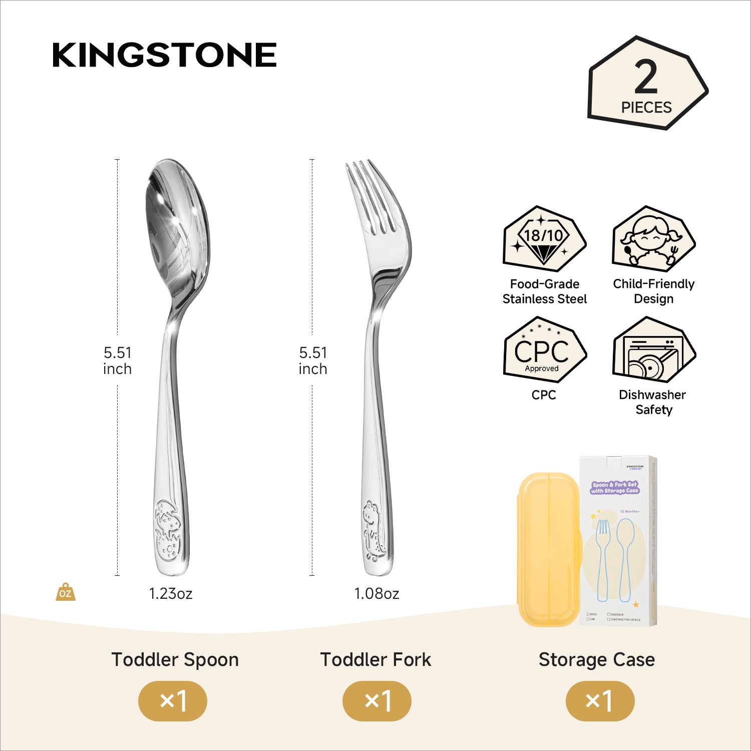 KINGSTONE Toddler Utensils Set with Case, 18/10 Stainless Steel Kids Silverware, Food-Grade Baby Spoons Self Feeding, Children Safe Forks and Spoons, Mirror Polished, Dishwasher Safe