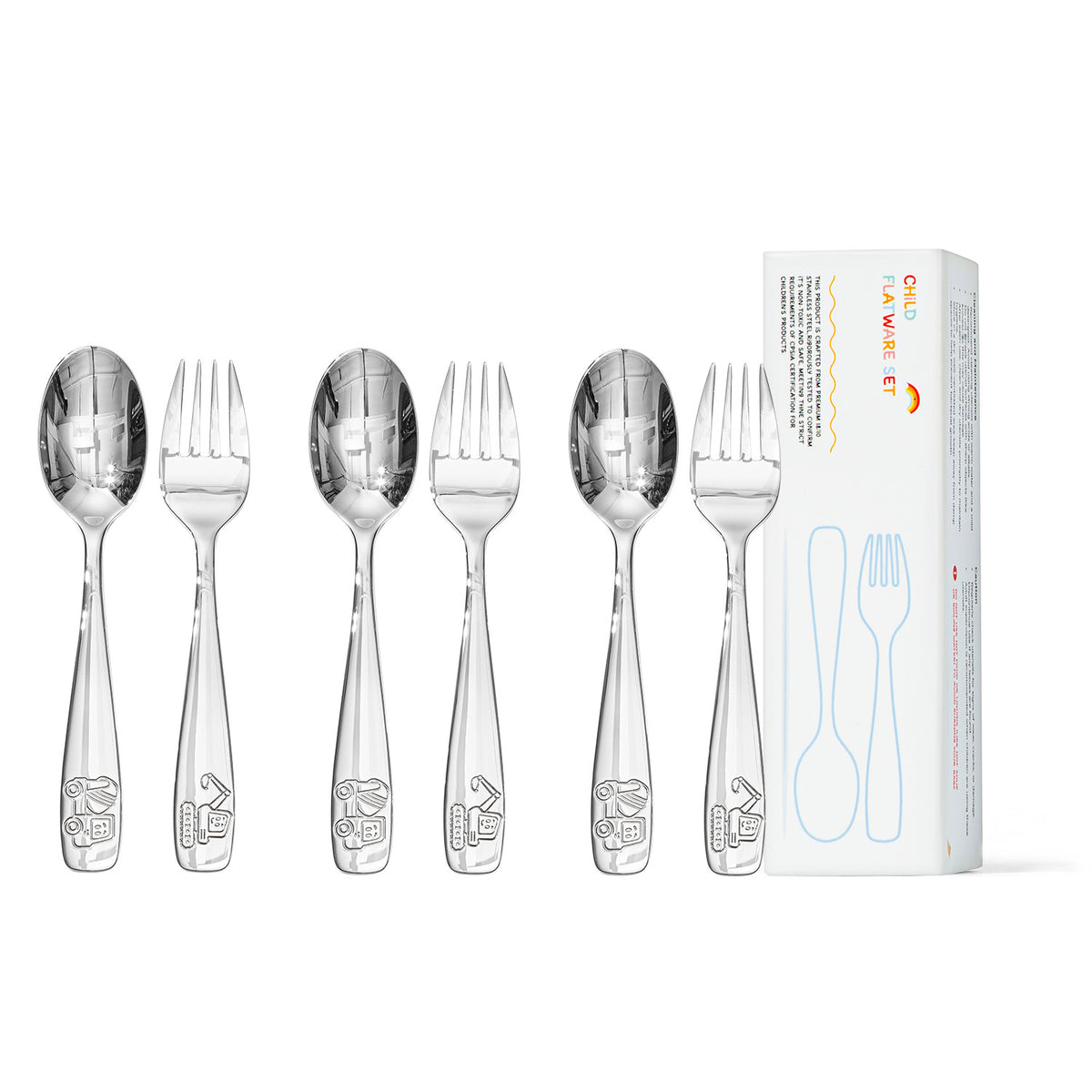KINGSTONE Toddler Utensils Set with Case, 18/10 Stainless Steel Kids Silverware, Cute Construction Vehicle Design, Food-Grade Baby Spoons Self Feeding, Dishwasher Safe