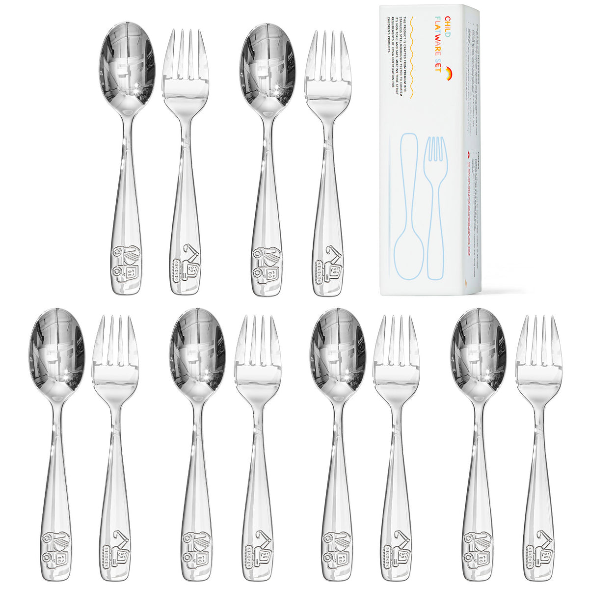 KINGSTONE Toddler Utensils Set with Case, 18/10 Stainless Steel Kids Silverware, Cute Construction Vehicle Design, Food-Grade Baby Spoons Self Feeding, Dishwasher Safe