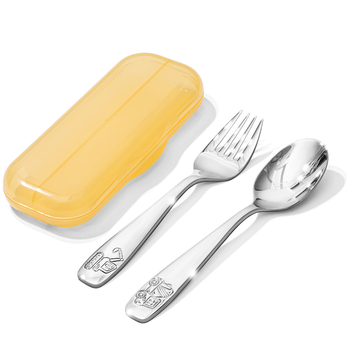 KINGSTONE Toddler Utensils Set with Case, 18/10 Stainless Steel Kids Silverware, Cute Construction Vehicle Design, Food-Grade Baby Spoons Self Feeding, Dishwasher Safe