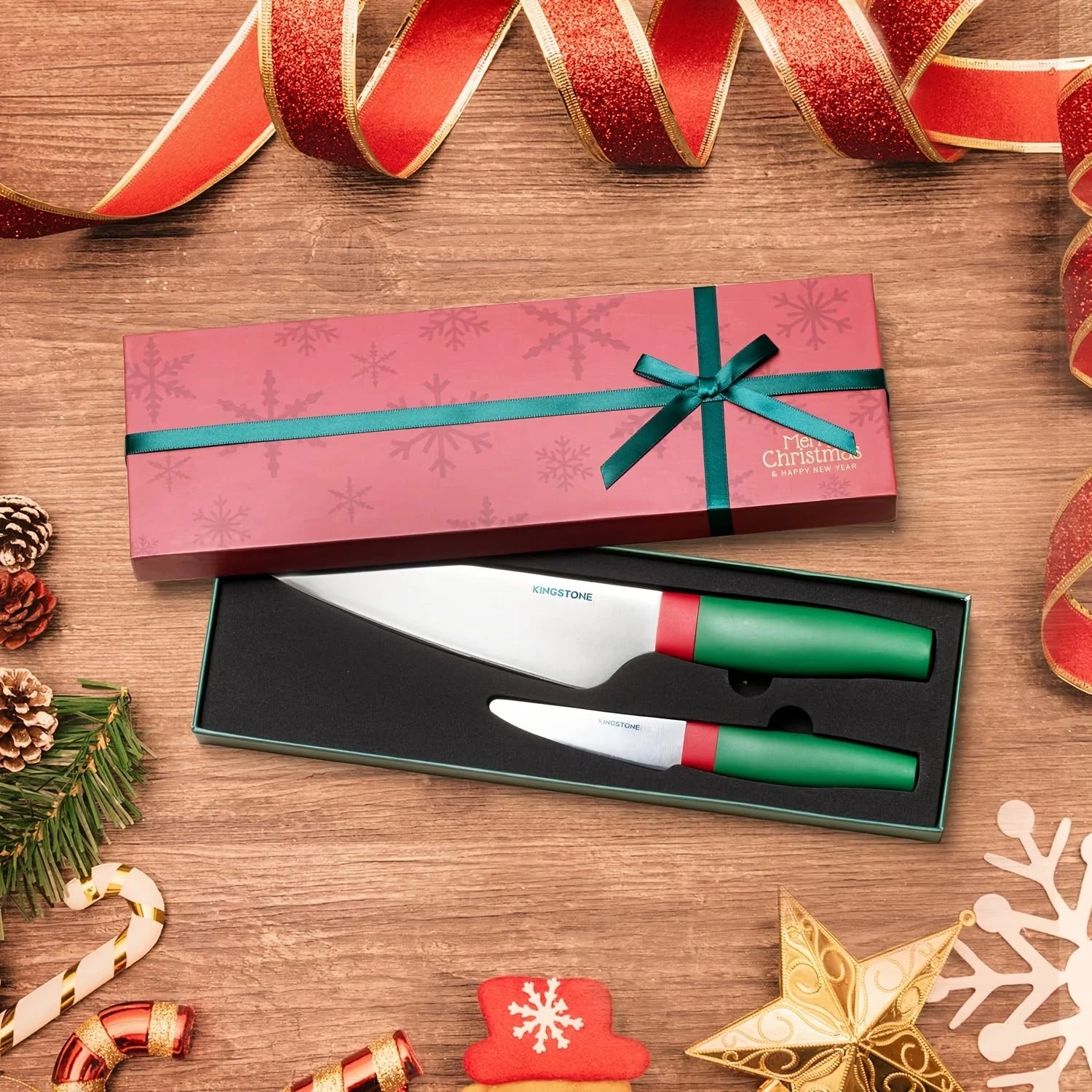 KINGSTONE 2-Piece Kitchen Knife Set with Gift Box, Stainless Steel Chef Knives with Christmas Pattern, Ergonomic Cutlery Set, Round Tip Safety Knives for Home Cooking