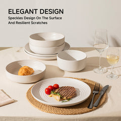 KINGSTONE 16-Piece Stoneware Plates and Bowls Sets for 4, Dinnerware Set for New Apartment Essentials, Microwave & Dishwasher Safe, Speckled White
