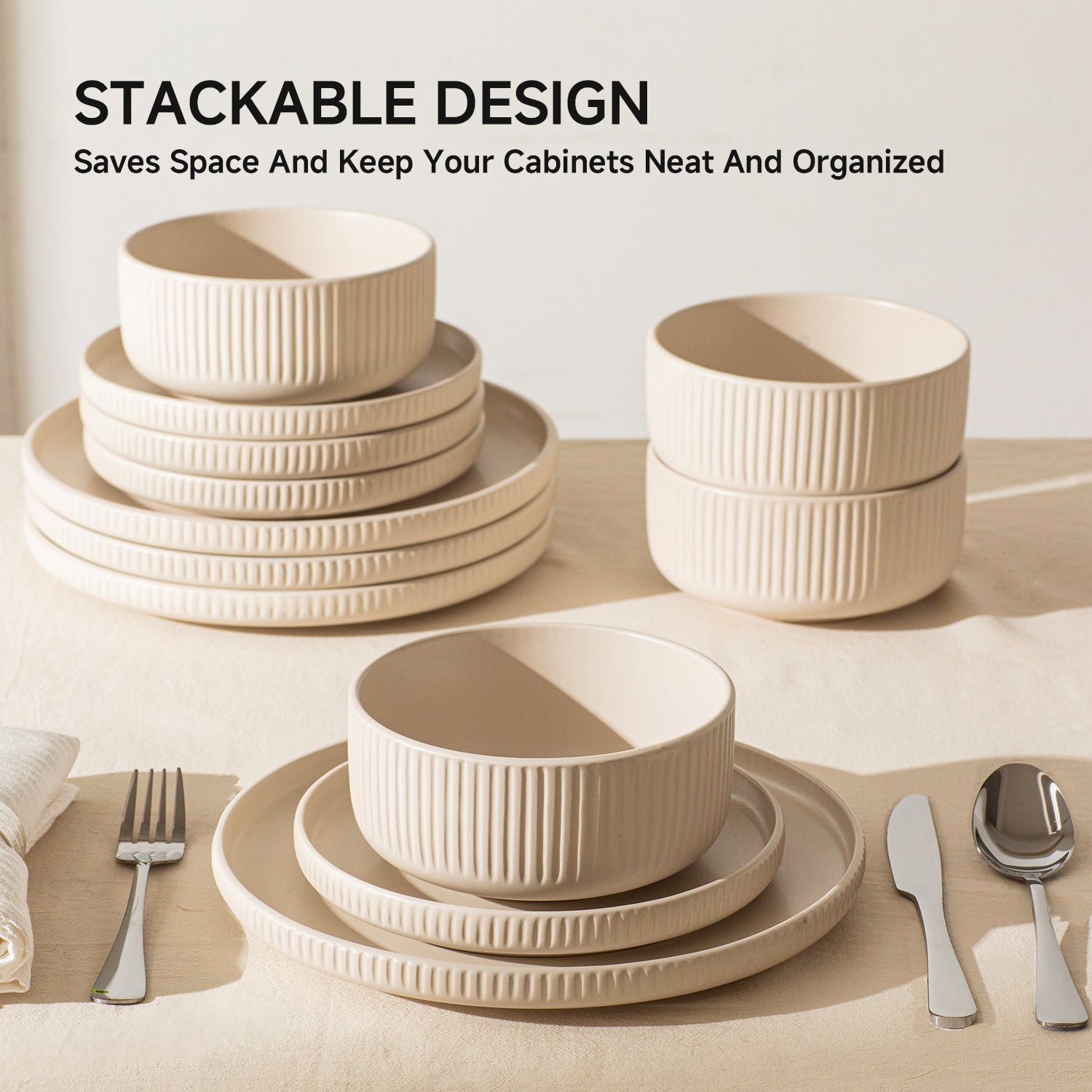 KINGSTONE 12-Piece Ceramic Dinnerware Set for 4, Beige Ribbed Plates and Bowls Sets, Microwave & Dishwasher Safe