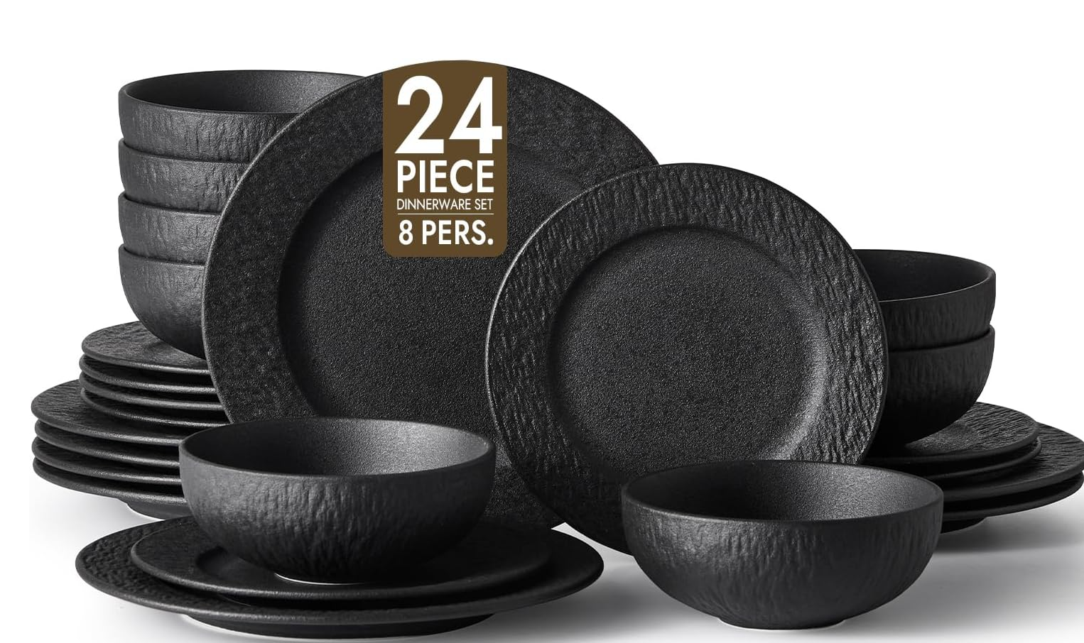 KINGSTONE Black Dinnerware Sets, 12-Piece Matte Marble Pattern Premium Porcelain, Place Setting with Dinner Plate, Salad Plate, Pasta Bowl, Microwave and Dishwasher Safe
