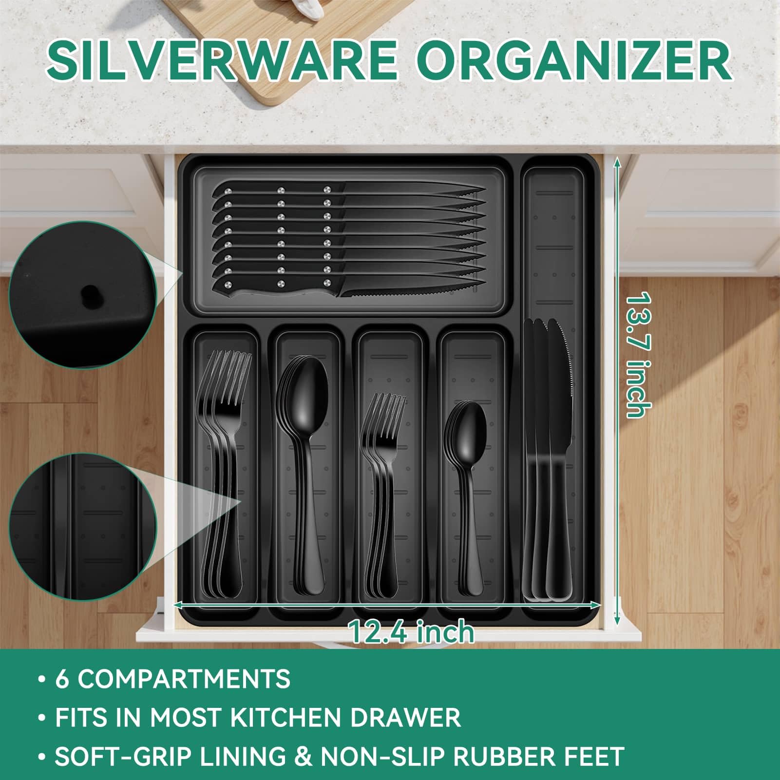 KINGSTONE 49-Piece Black Silverware Set for 8, 304 Stainless Steel Flatware with Organizer and Steak Knives, Dishwasher Safe
