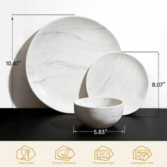 KINGSTONE 12-Piece Stoneware Dinnerware Set for 4, Scratch-Resistant Ceramic Plates and Bowls Dishes for Home, Kitchen, Microwave & Dishwasher Safe, Marble White