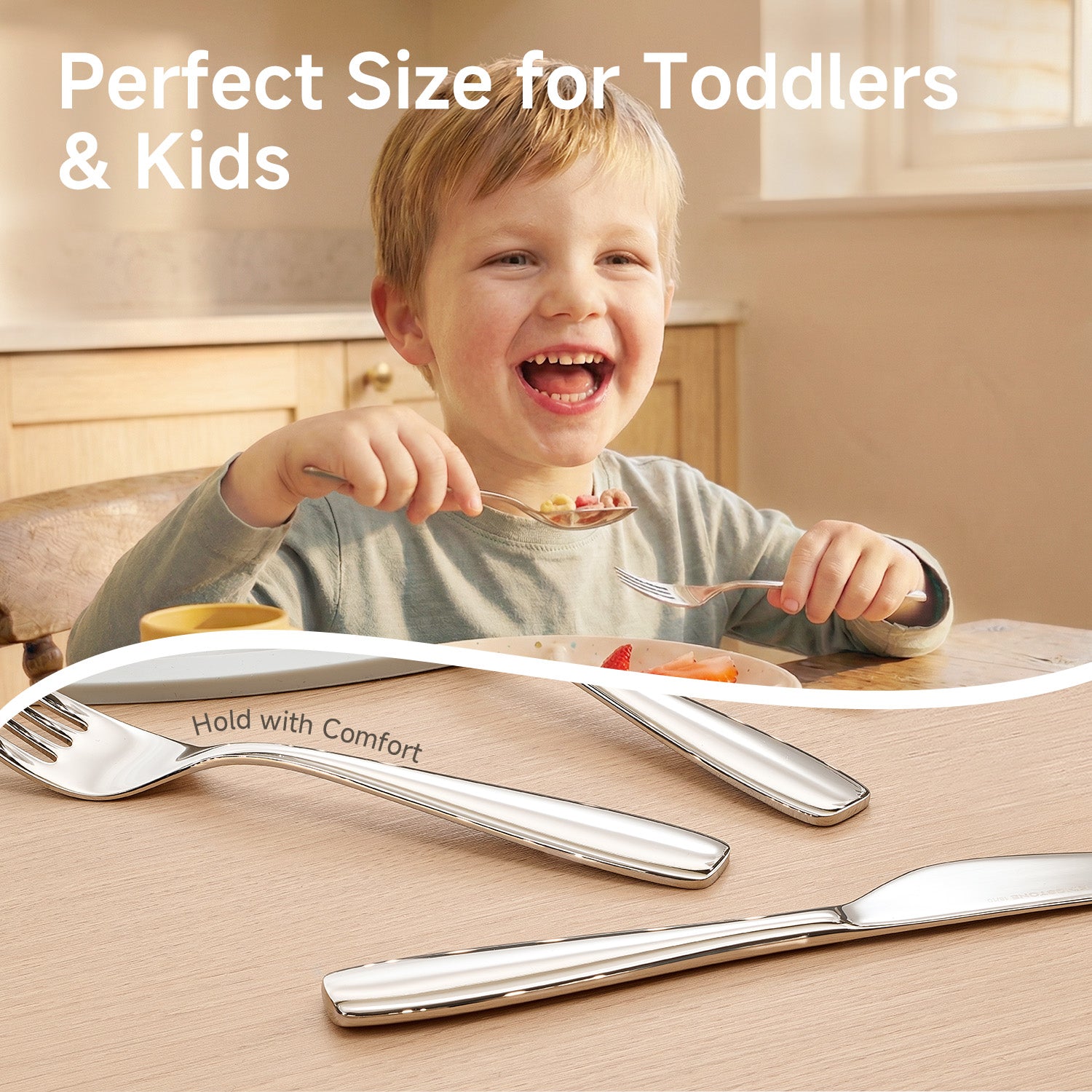 KINGSTONE Toddler Utensils Set with Case, 18/10 Stainless Steel Kids Silverware - Children Safe Small Fork & Spoon, Food-Grade Toddler Dishes, Mirror Polished, Dishwasher Safe