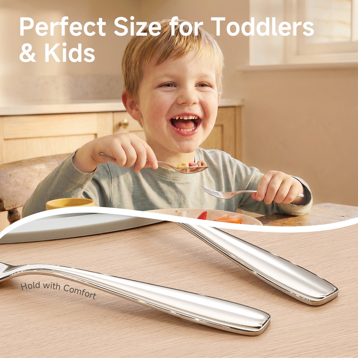 KINGSTONE Toddler Utensils Set with Case, 18/10 Stainless Steel Kids Silverware - Children Safe Small Fork & Spoon, Food-Grade Toddler Dishes, Mirror Polished, Dishwasher Safe
