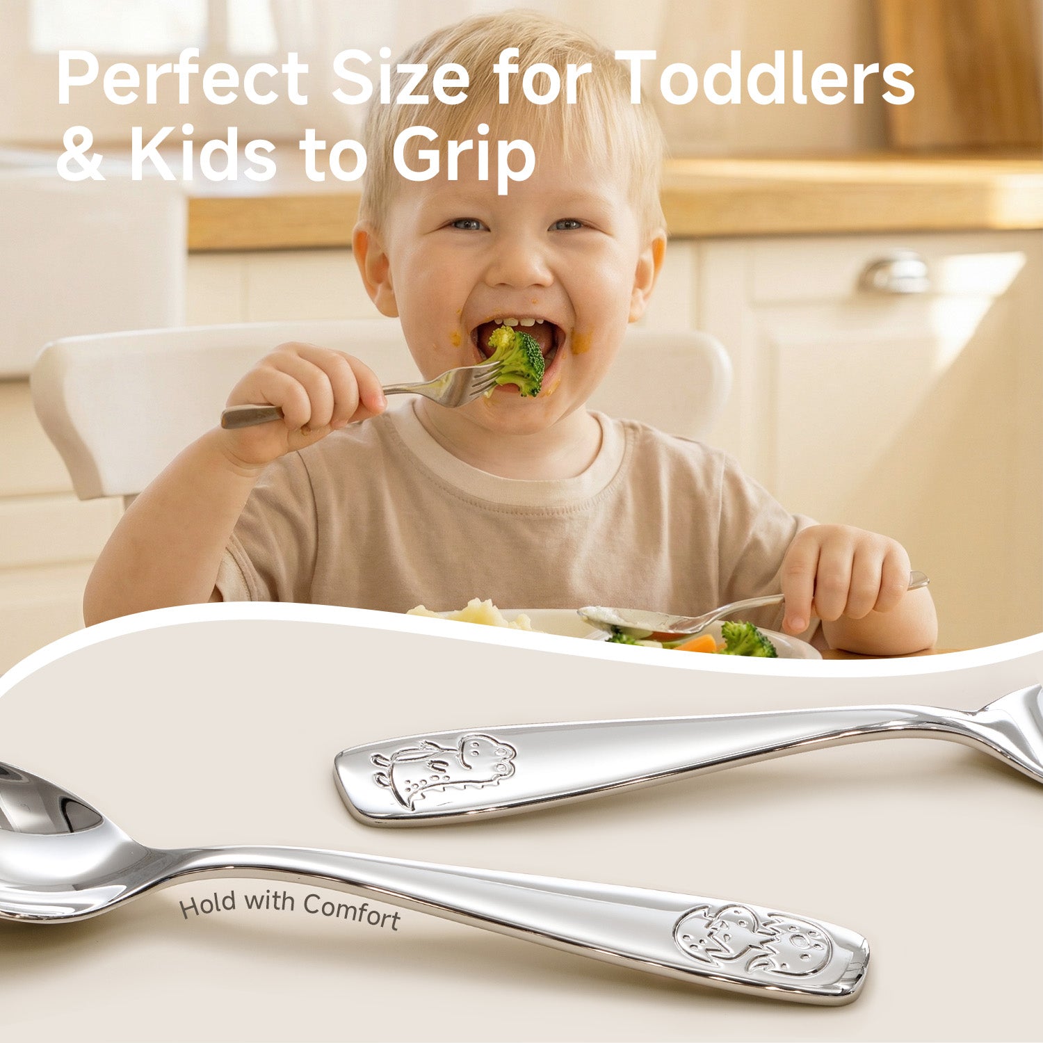 KINGSTONE Toddler Utensils Set with Case, 18/10 Stainless Steel Kids Silverware, Food-Grade Baby Spoons Self Feeding, Children Safe Forks and Spoons, Mirror Polished, Dishwasher Safe