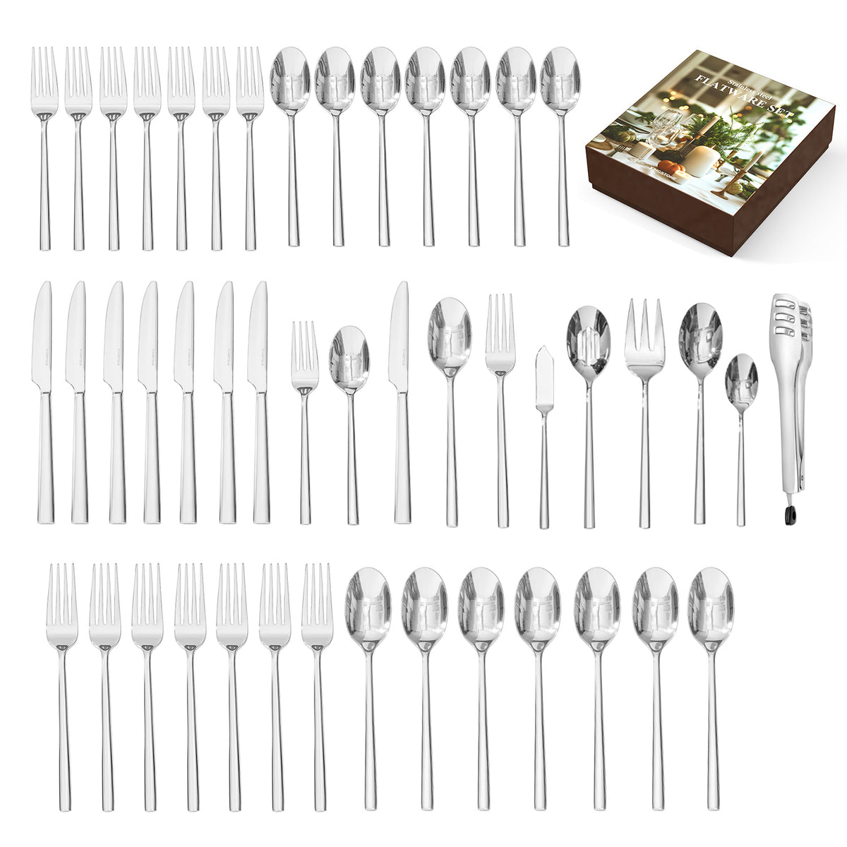 KINGSTONE Silverware Set with Serving Pieces, 18/10 Stainless Steel Flatware Service for 8, Mirror Polished Cutlery, Dishwasher Safe